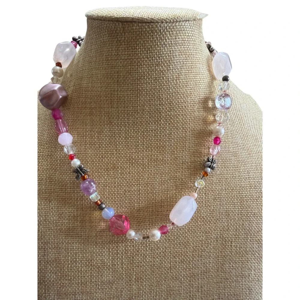 Handmade Pink Beaded Butterfly Necklace Quartz Pearl Aesthetic Y2K Boho Fairy